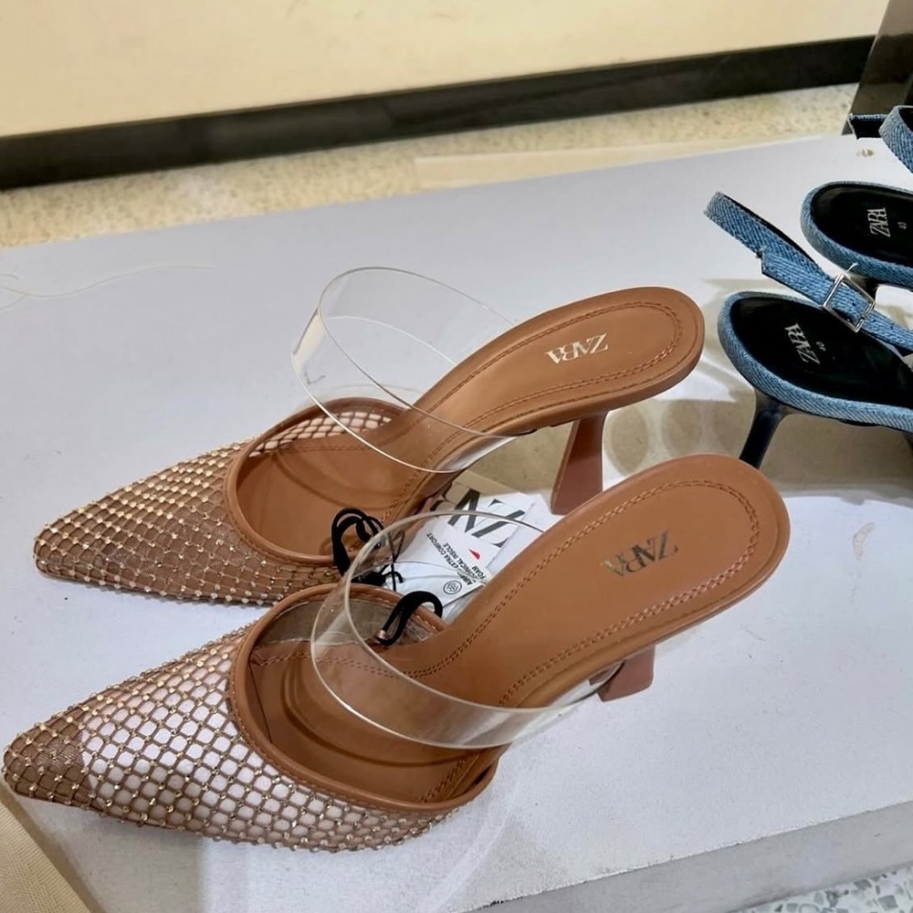 ZARA Clear Strap Pointed-Toe Mule in Tan